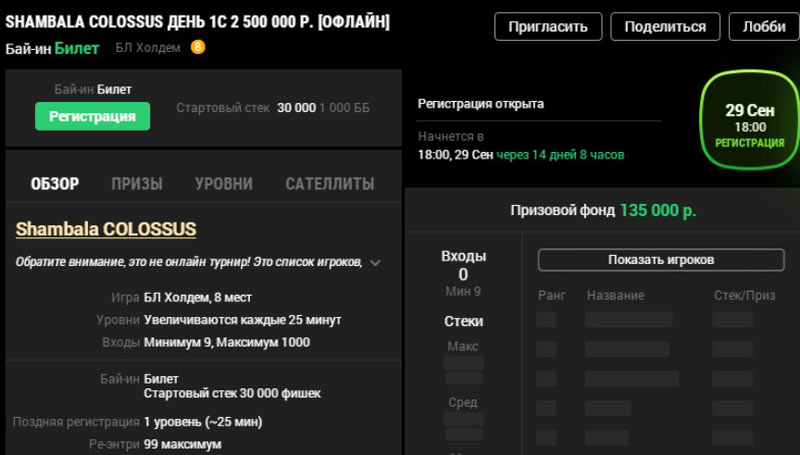 Просмотр характеристик турнира